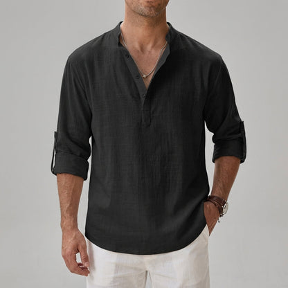 Men's relaxed plain shirt with stand collar, button placket and rolled sleeves