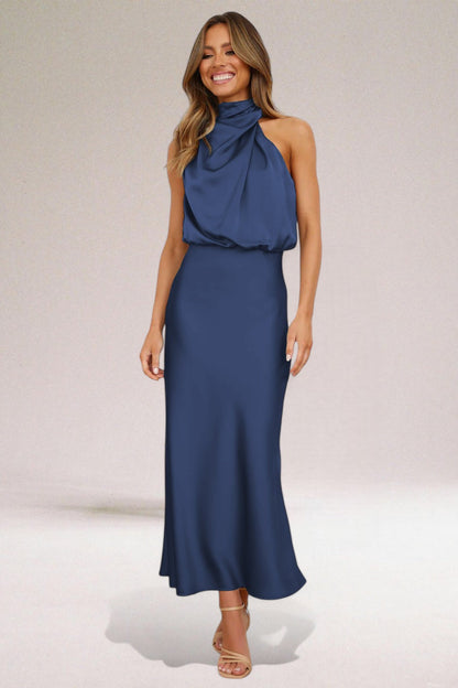 Vestido largo halter drapeado de mujer sin mangas y ajustado