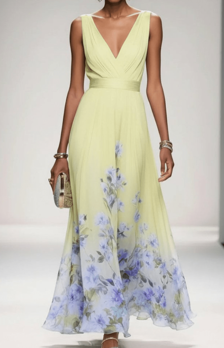 Women's sleeveless floral maxi dress with V-neck wrap bodice and flowing skirt