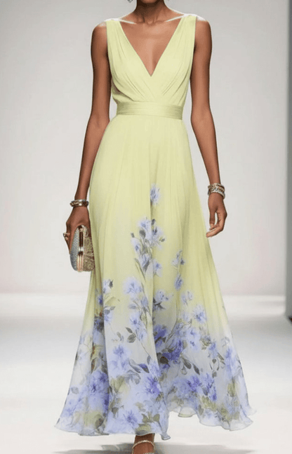 Women's sleeveless floral maxi dress with V-neck wrap bodice and flowing skirt