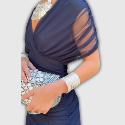 Women's wrap maxi dress with V-neckline, short sheer sleeves and ruched sides