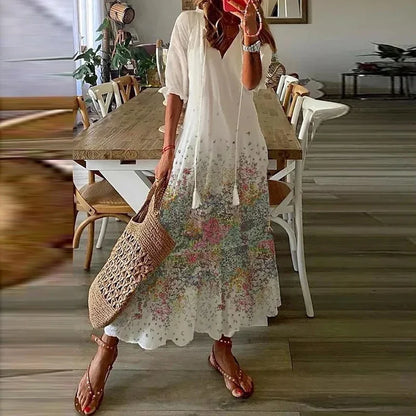 Women's floral bohemian maxi dress with short sleeves and tassel ties
