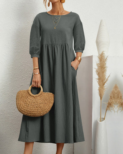 Women's plain A-line midi dress with round neck, 3/4 sleeves and side pockets
