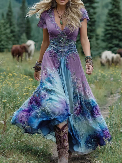 Women's floral V-neck maxi dress with short sleeves and flowing floor-length skirt