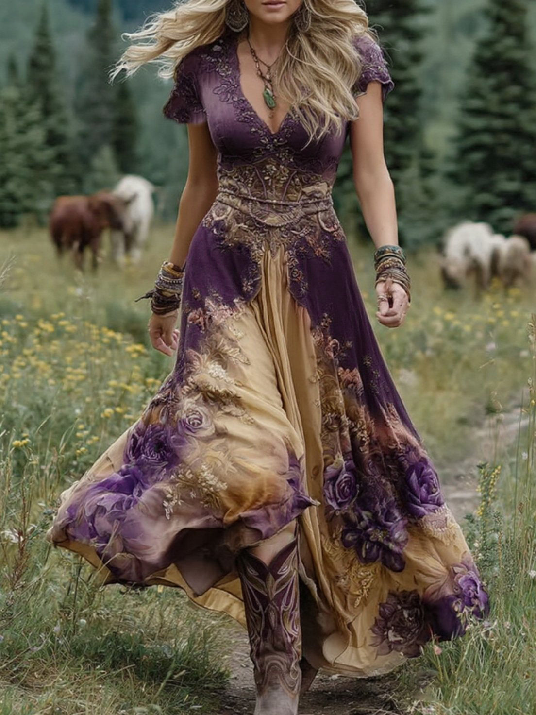 Women's floral V-neck maxi dress with short sleeves and flowing floor-length skirt
