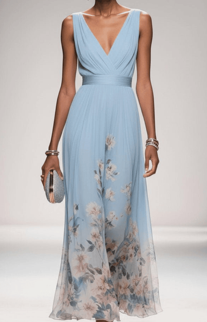 Women's sleeveless floral maxi dress with V-neck wrap bodice and flowing skirt