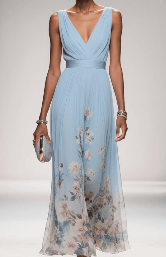 Women's sleeveless floral maxi dress with V-neck wrap bodice and flowing skirt