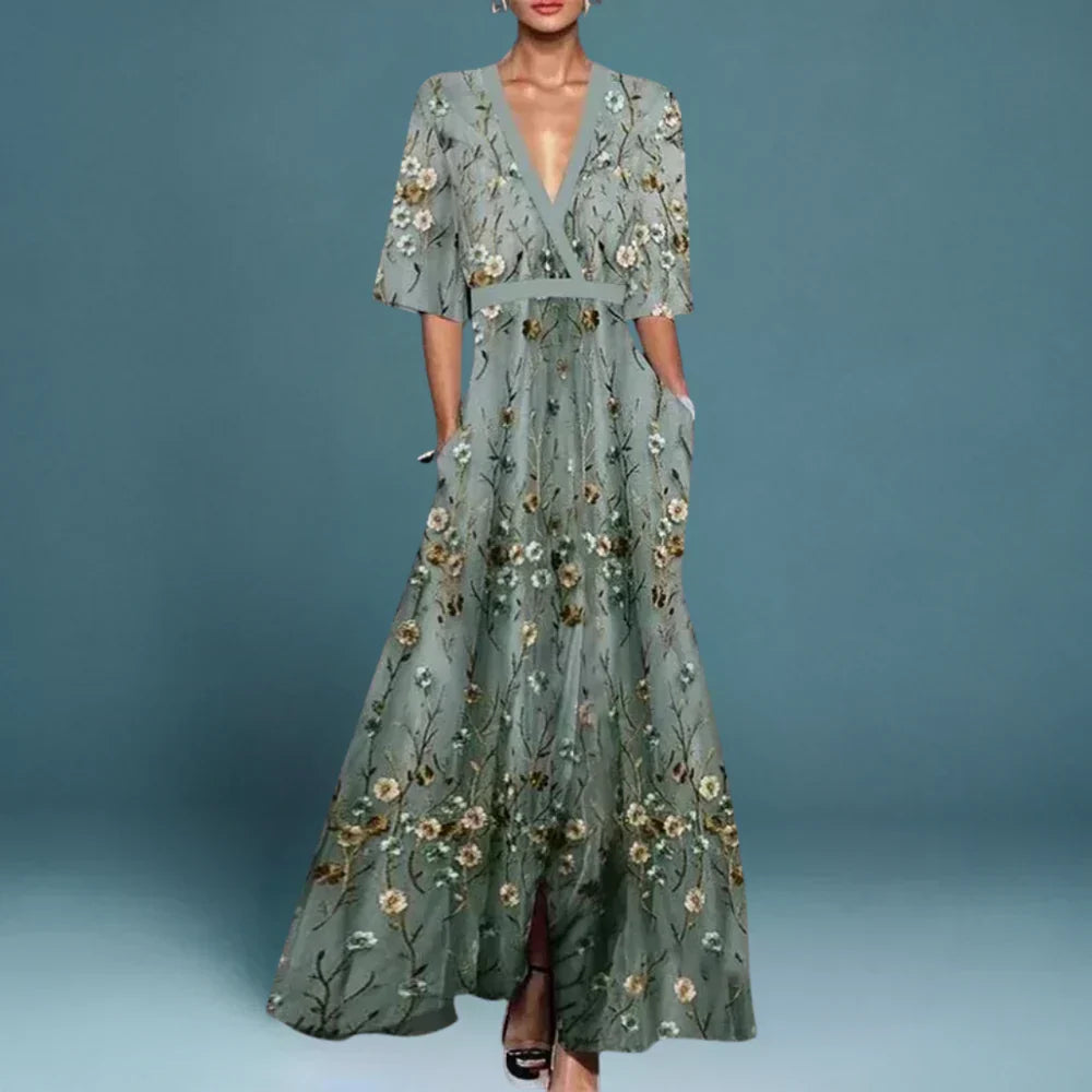 Vestido largo cruzado de flores de mujer con escote en V y manga 3/4