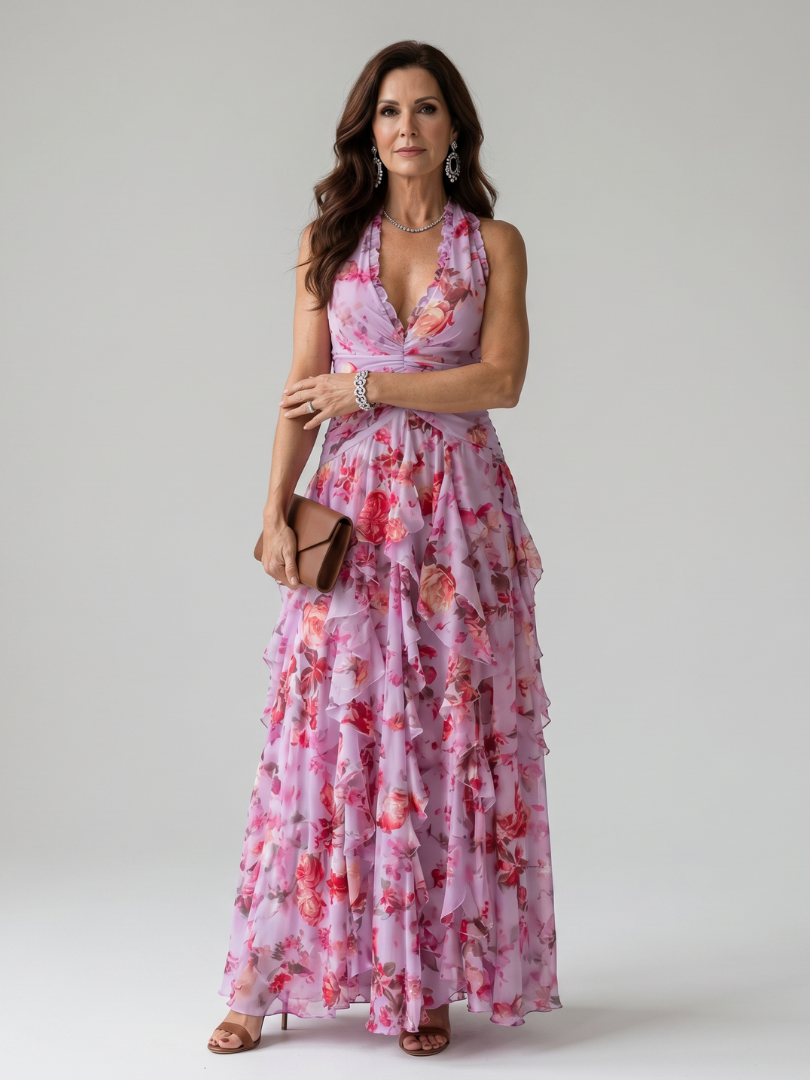 Women's floral halter maxi dress with ruched bodice and layered ruffled skirt