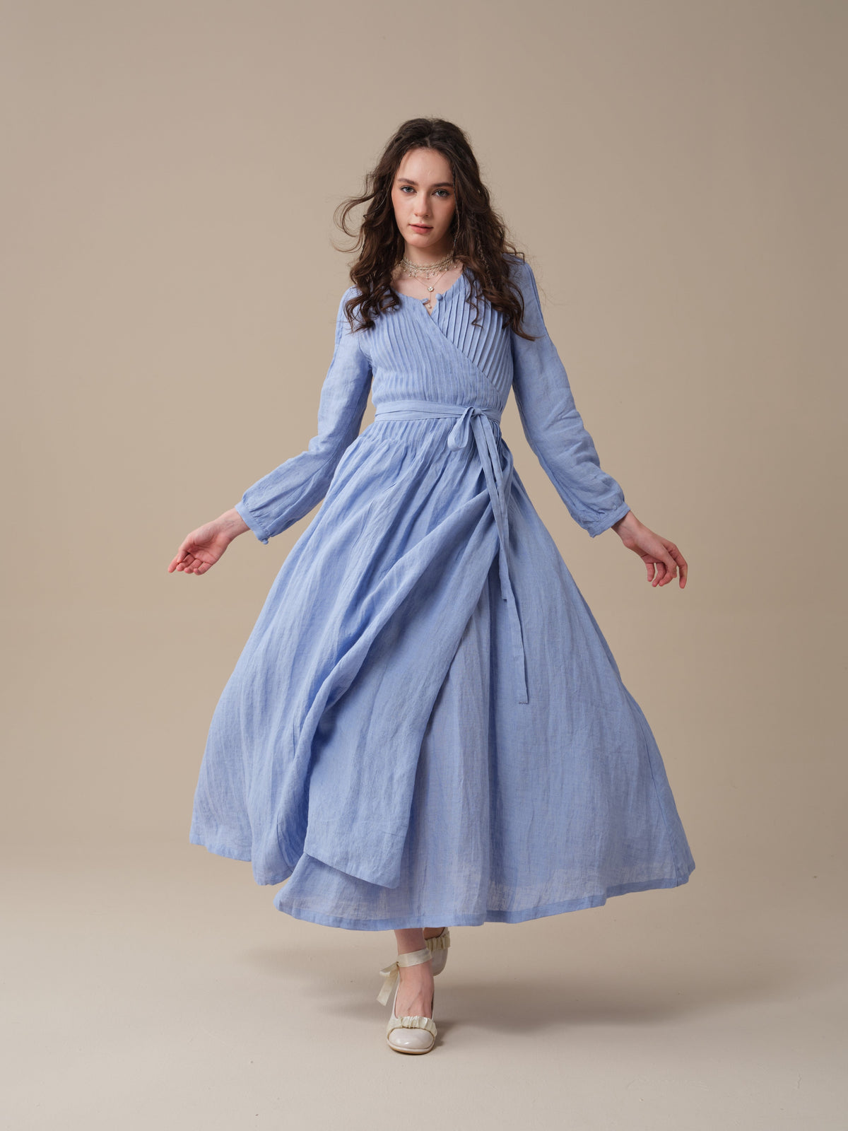 Women's pintuck wrap midi dress with long sleeves and tie waist
