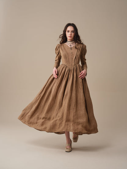 Women's tailored button-front corset maxi dress with long puff sleeves and a full gathered skirt