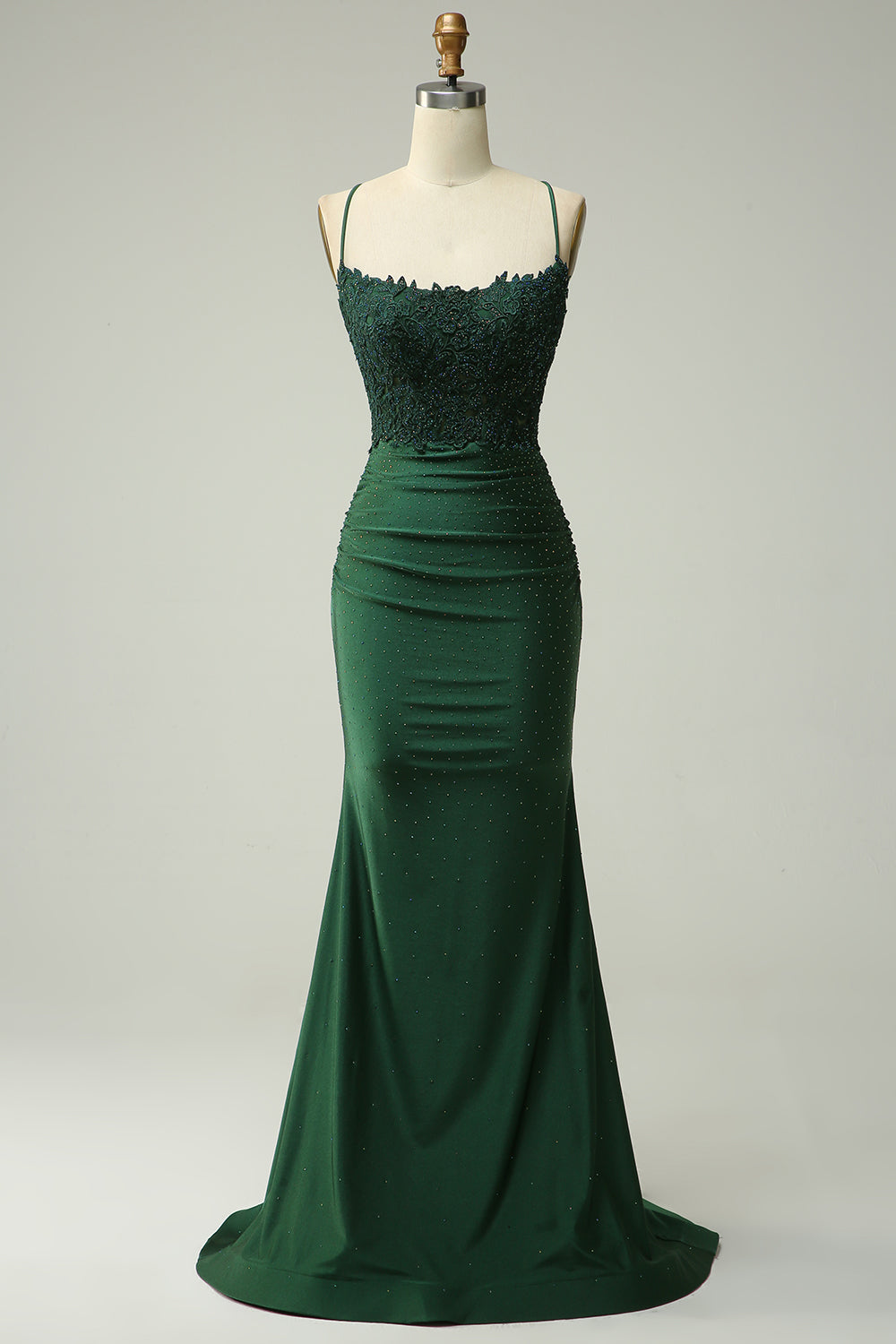 Beaded mermaid maxi dress with lace bodice and spaghetti straps