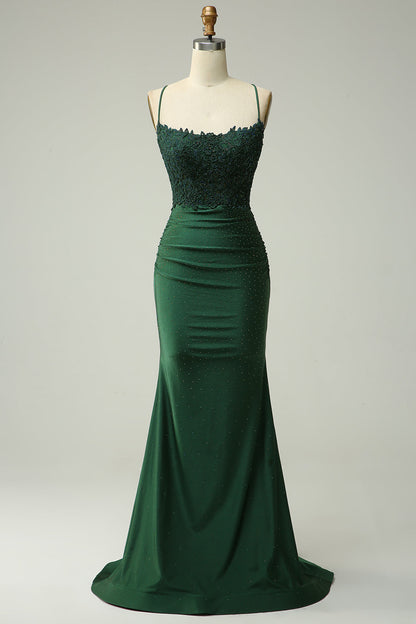 Beaded mermaid maxi dress with lace bodice and spaghetti straps