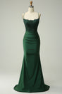 Beaded mermaid maxi dress with lace bodice and spaghetti straps
