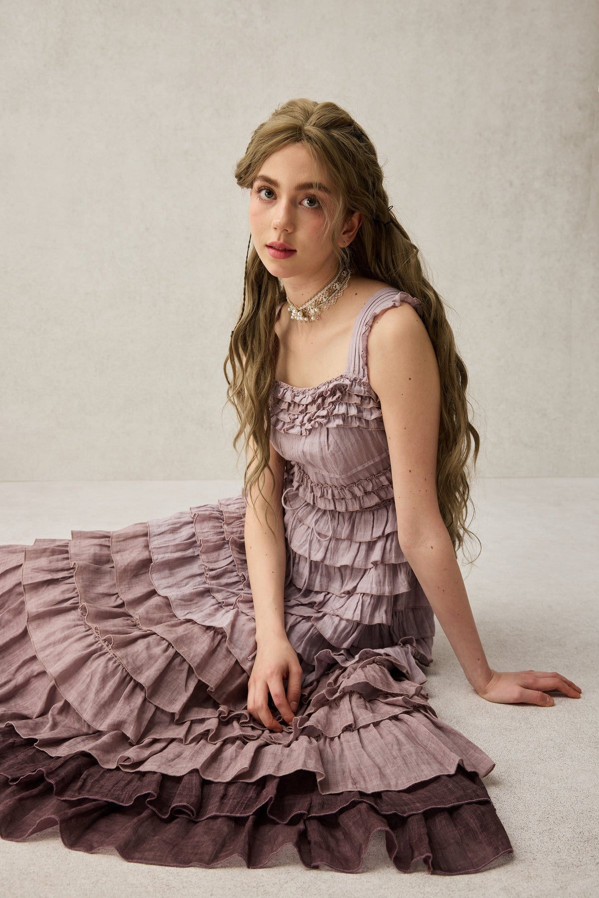 Women's sleeveless tiered ruffle maxi dress with square neckline and graduated pink and purple colouring