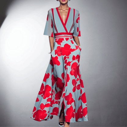 Women's floral wrap jumpsuit with wide legs, 3/4 sleeves and V-neckline