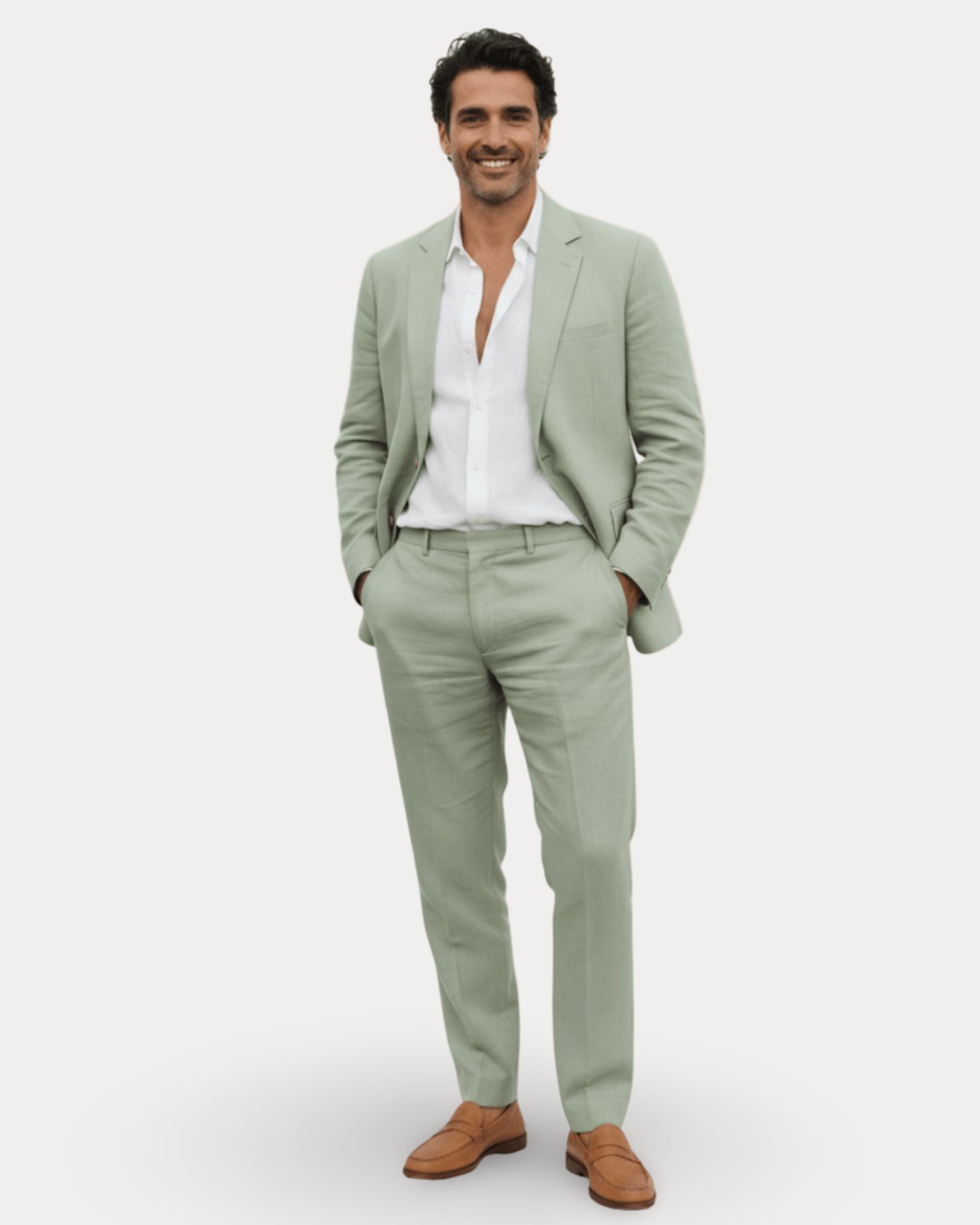 Men's tailored two-piece suit with notch lapel, long sleeves and matching trousers