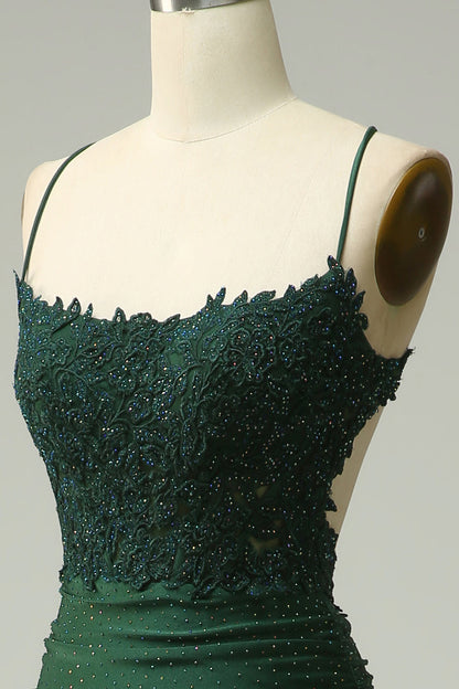 Beaded mermaid maxi dress with lace bodice and spaghetti straps