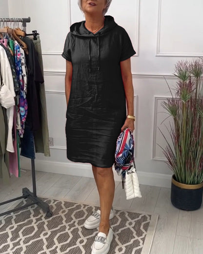 Women's short-sleeved hooded casual dress with front pouch pocket