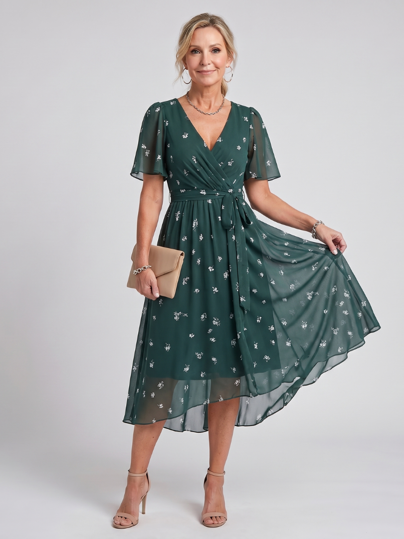 Women's floral wrap midi dress with flutter sleeves and tie waist
