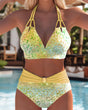 Women's high-waisted leopard print bikini with triangle top and ruched waistband