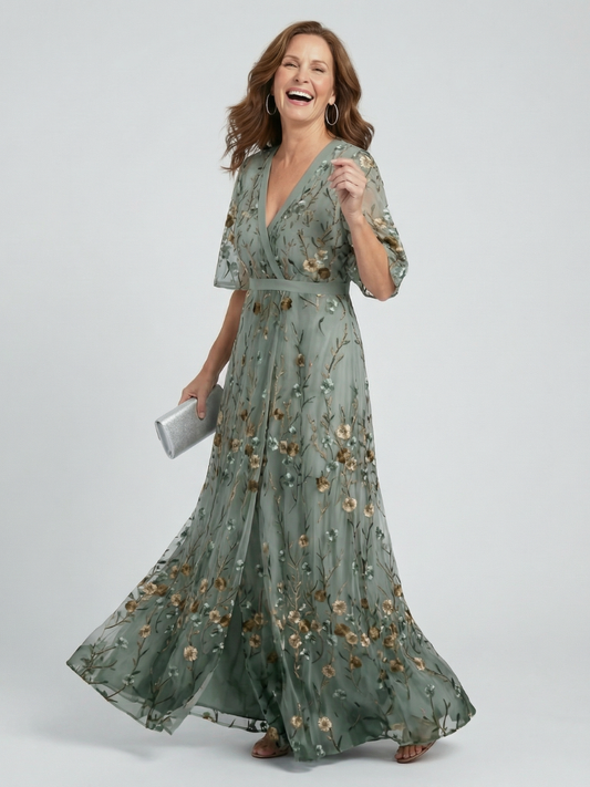 Vestido largo cruzado verde de flores de mujer con mangas de volante