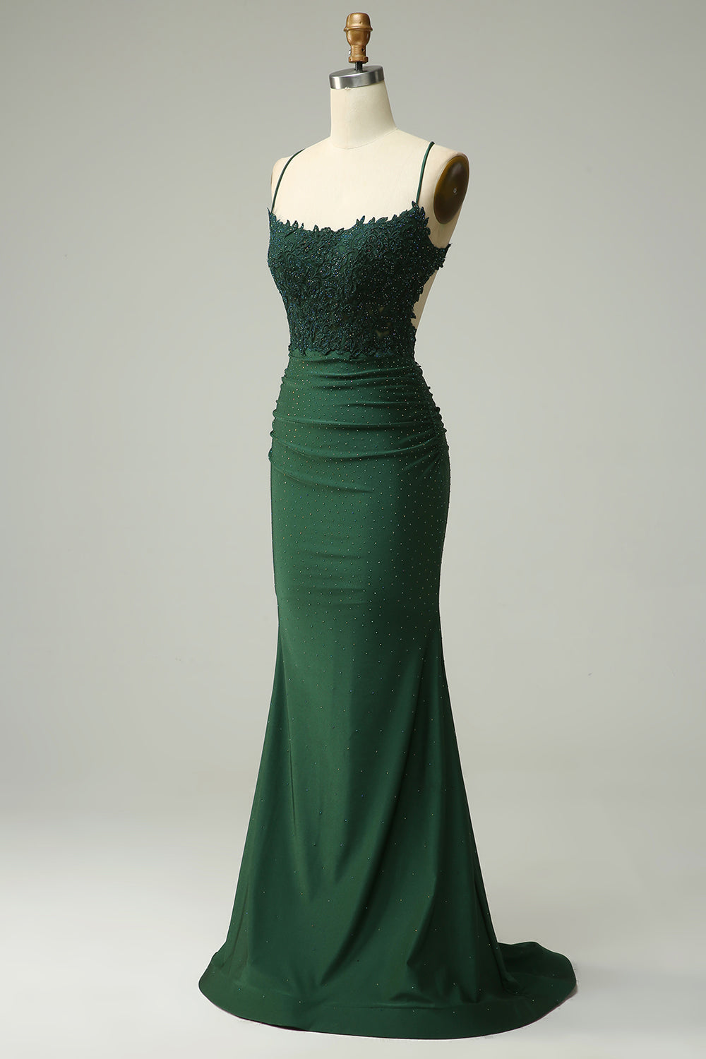 Beaded mermaid maxi dress with lace bodice and spaghetti straps