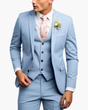 Men's slim fit three-piece suit with notched lapel jacket, button waistcoat and matching trousers