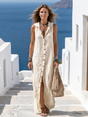 Women's beige sleeveless hooded button front maxi dress