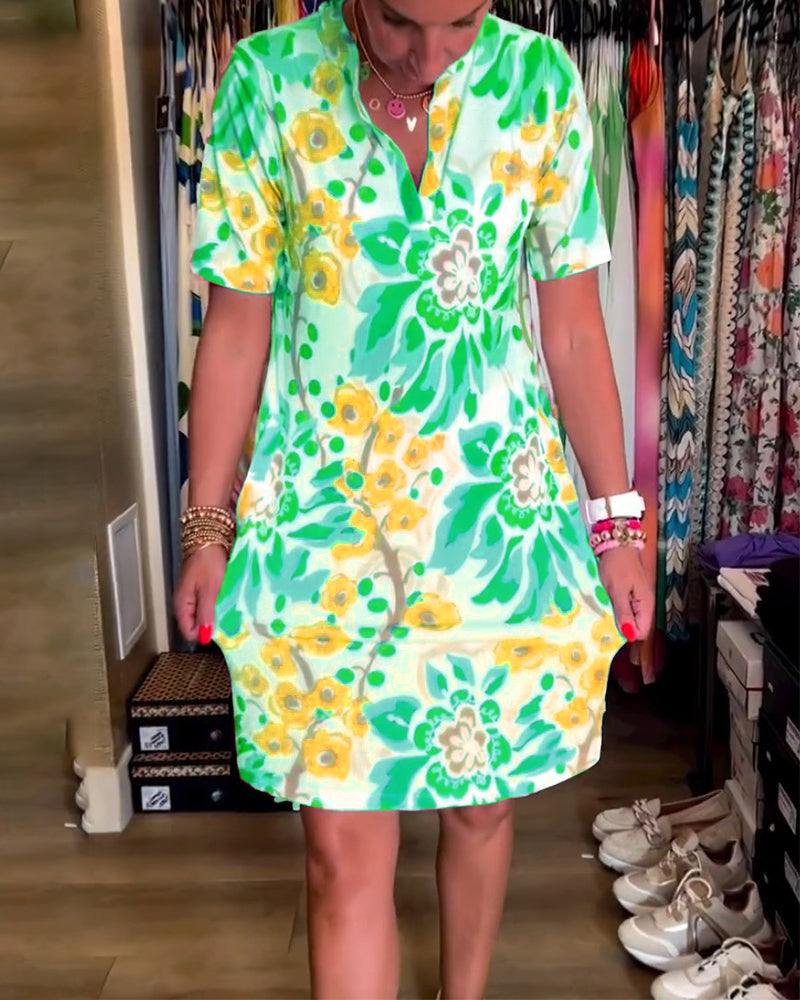 Women's multicoloured floral V-neck mini dress with short sleeves