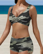 Women's camouflage bikini set with twist-front top and shorts bottoms