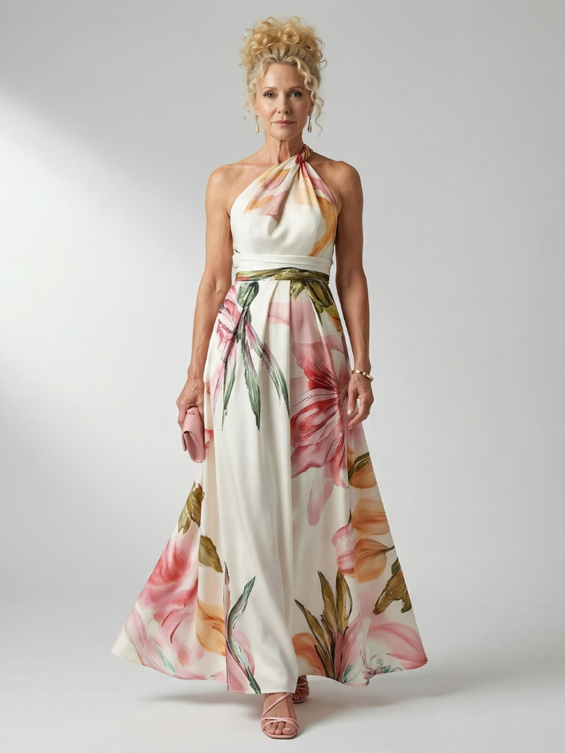 Women's floral halter maxi dress with a flowing full-length skirt