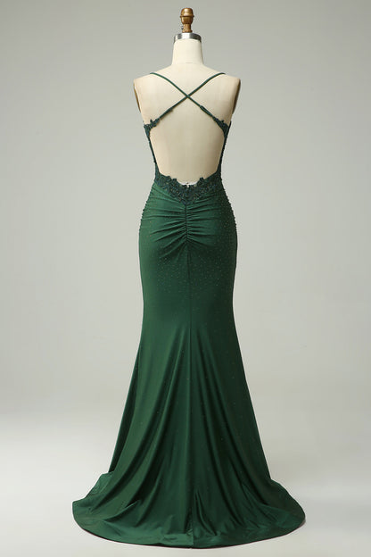 Beaded mermaid maxi dress with lace bodice and spaghetti straps
