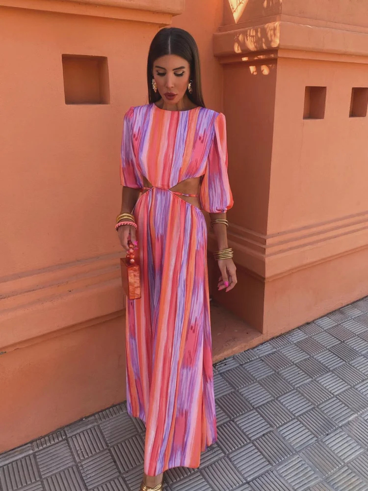 Women's red, pink and purple striped maxi dress with side waist cut-outs and short sleeves