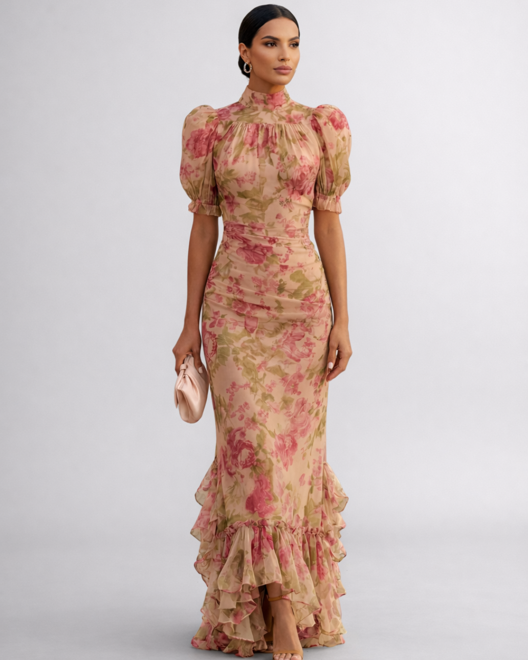 Women's pink floral maxi dress with high neck, puff sleeves and ruffled hem