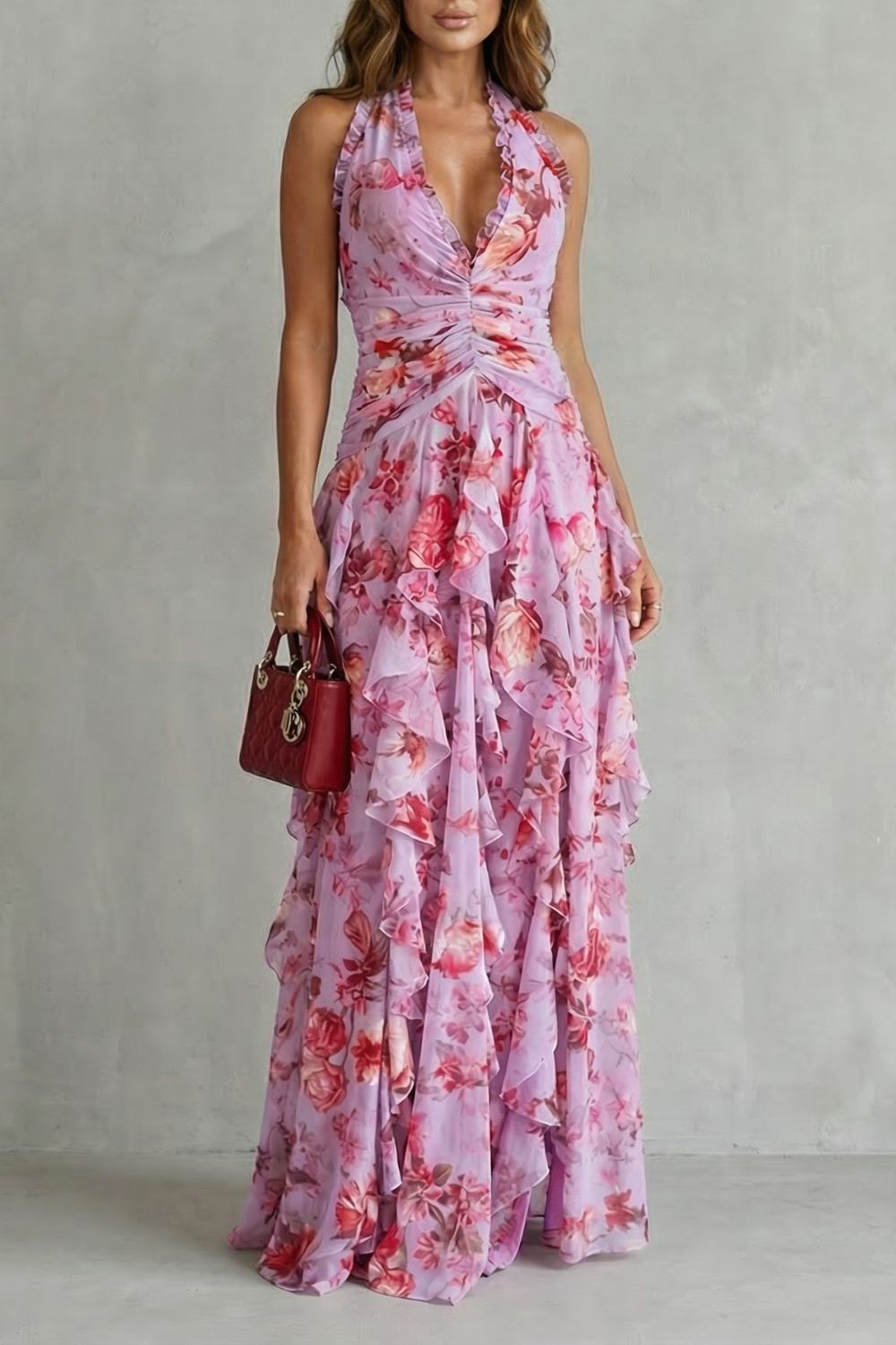Vestido largo halter de flores de mujer con cintura fruncida y falda de volantes