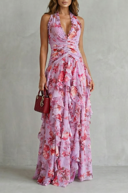 Vestido largo halter de flores de mujer con cintura fruncida y falda de volantes