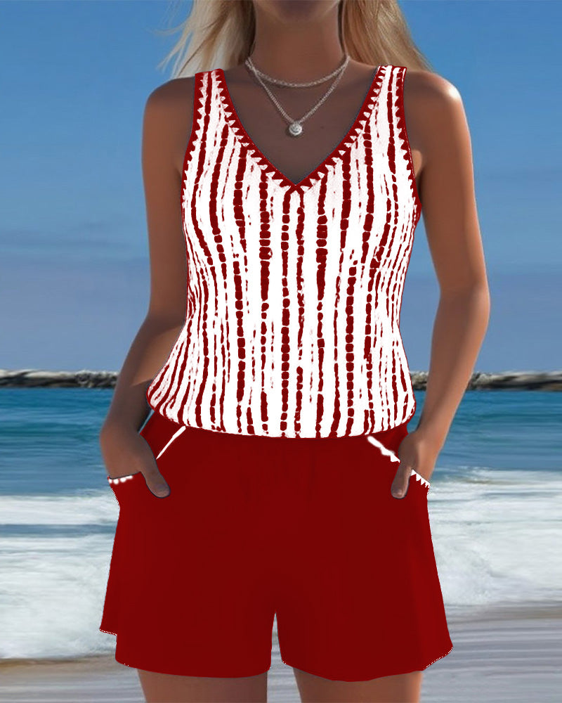 Women's striped V-neck two-piece swimsuit with sleeveless top and shorts