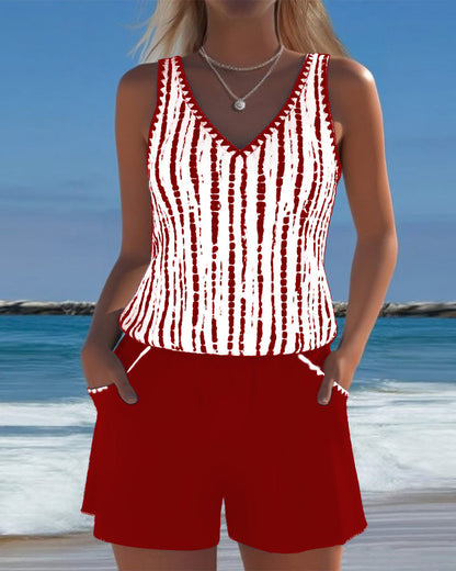 Women's striped V-neck two-piece swimsuit with sleeveless top and shorts