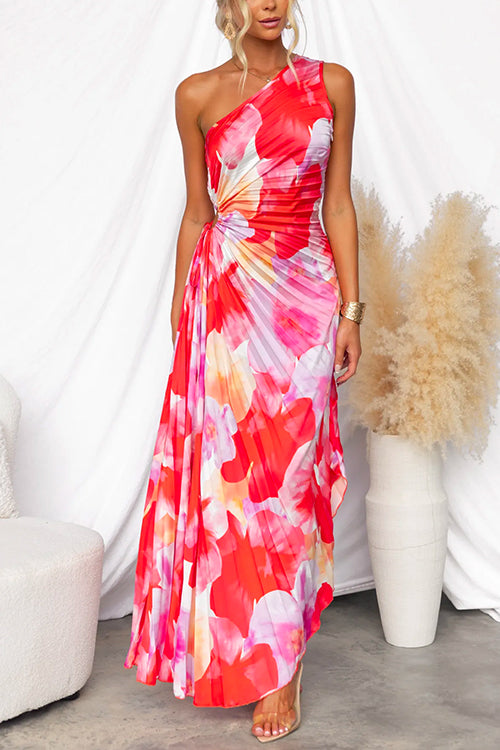 Women's red and pink floral asymmetric sleeveless maxi dress with pleated skirt