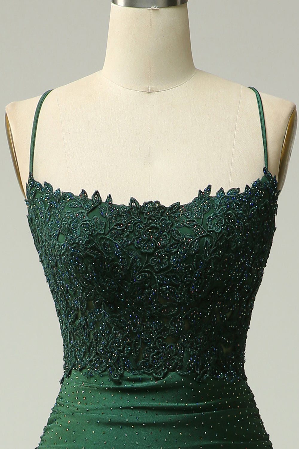 Beaded mermaid maxi dress with lace bodice and spaghetti straps