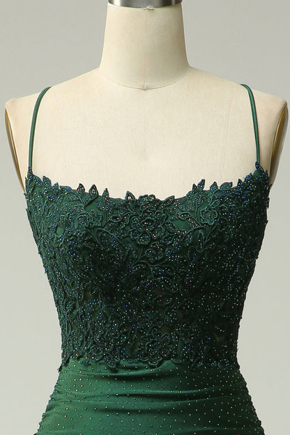 Beaded mermaid maxi dress with lace bodice and spaghetti straps