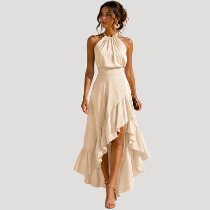 Women's sleeveless halter maxi dress with layered high-low ruffle skirt