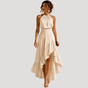 Women's sleeveless halter maxi dress with layered high-low ruffle skirt