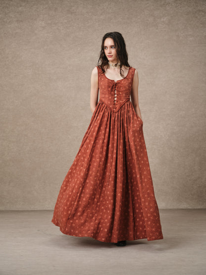 Women's sleeveless lace-up corset maxi dress with a full floral skirt