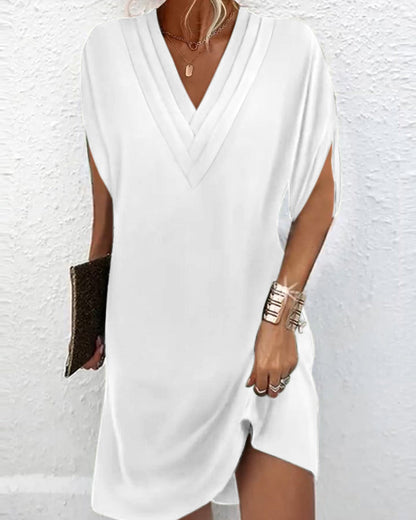 Women's plain V-neck mini dress with split short sleeves