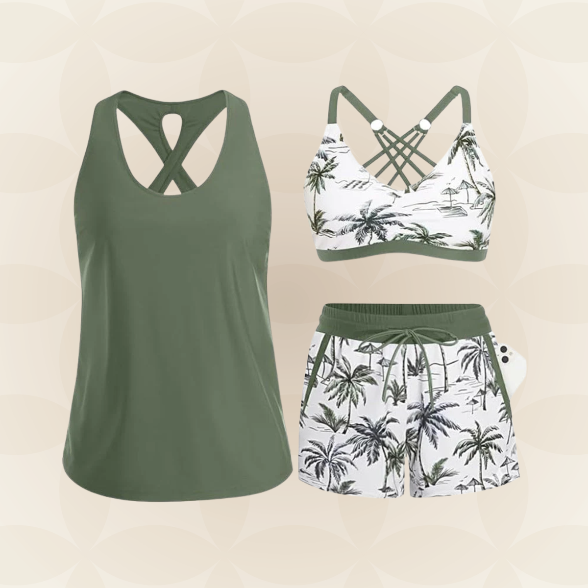 Women's palm print swimwear set with crossed back tops and drawstring shorts