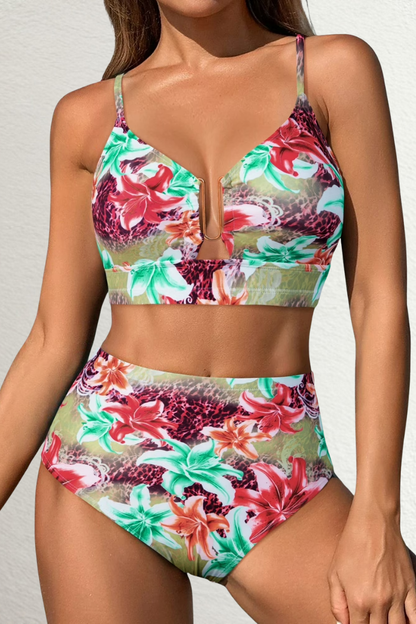 Women's patterned two-piece bikini with V-neck top, metallic centre trim and high-waisted bottoms
