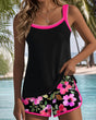 Women's floral tankini set with sleeveless ribbed top and swim shorts