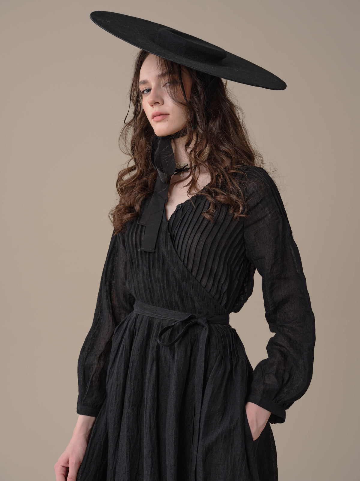 Women's pintuck wrap midi dress with long sleeves and tie waist